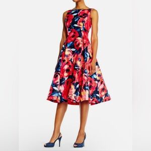 Adrianna Papell Size 4 Floral Mikado Midi Dress Red Blue Bateau Neck Pockets